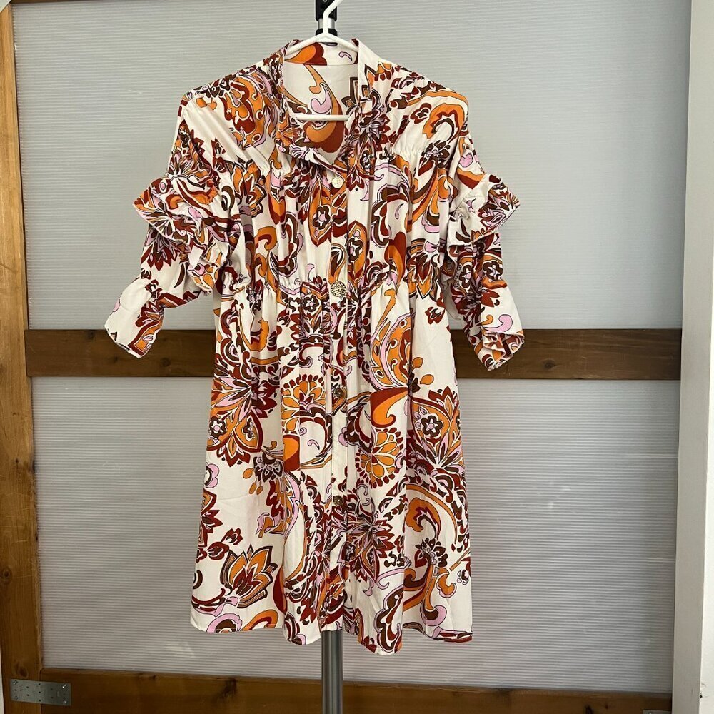 Boho Paisley Floral Ruffle Sleeve Empire Waist Mini Dress Orange Brown White S * - Picture 2 of 13